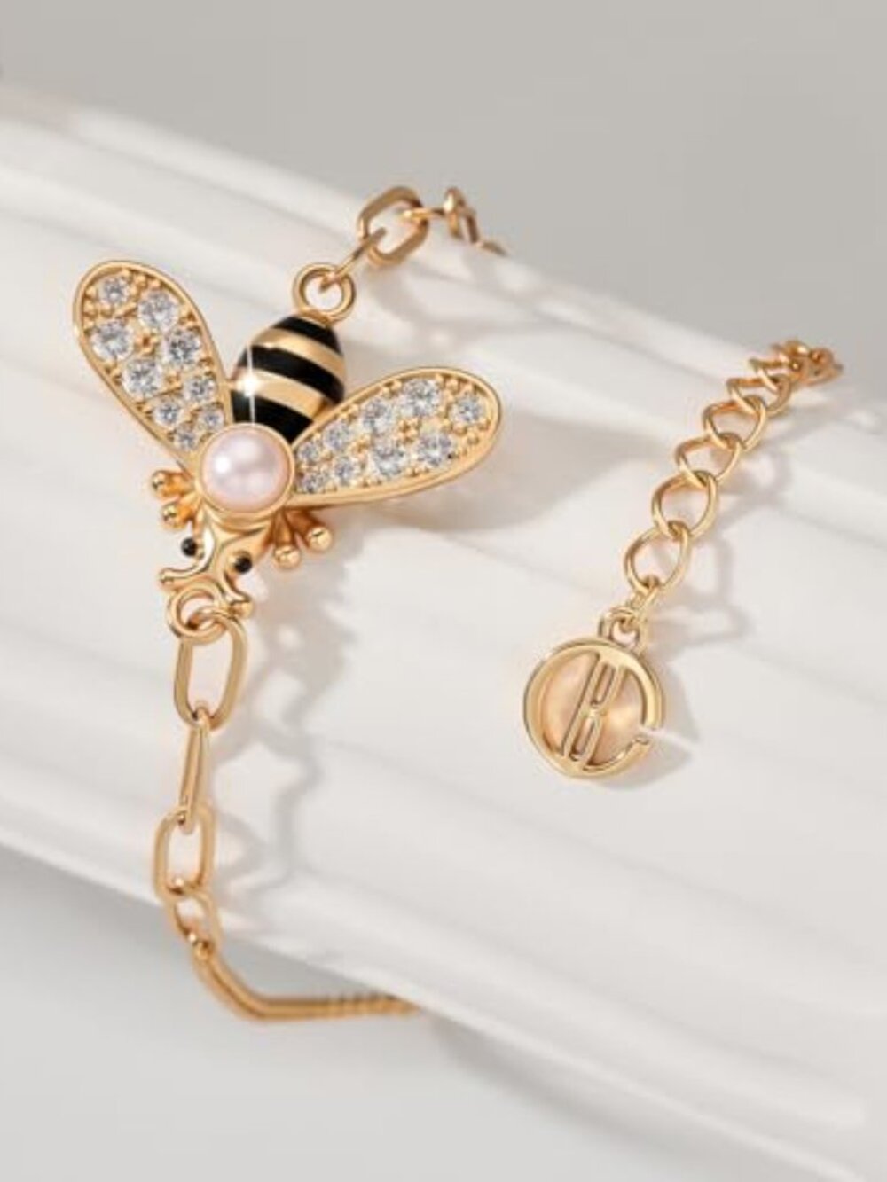 Cicy Bell 18K Gold Plated Bracelets for Women Bumble Bee Bracelets Oval Pearl